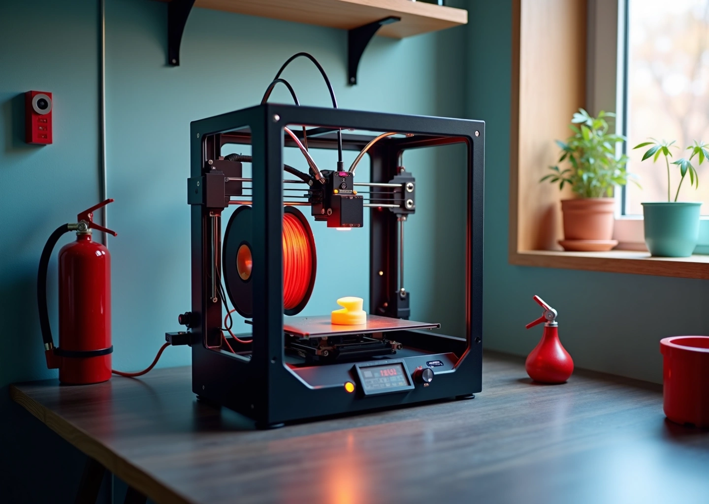Домашняя мастерская с 3D-принтером на негорючей поверхности, детектор дыма на стене и огнетушитель рядом