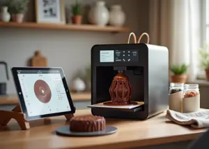 Домашняя кухня с 3D‑принтером печатающим съедобную шоколадную фигурку; планшет с рецептом и баночки с пищевыми пастами на столе