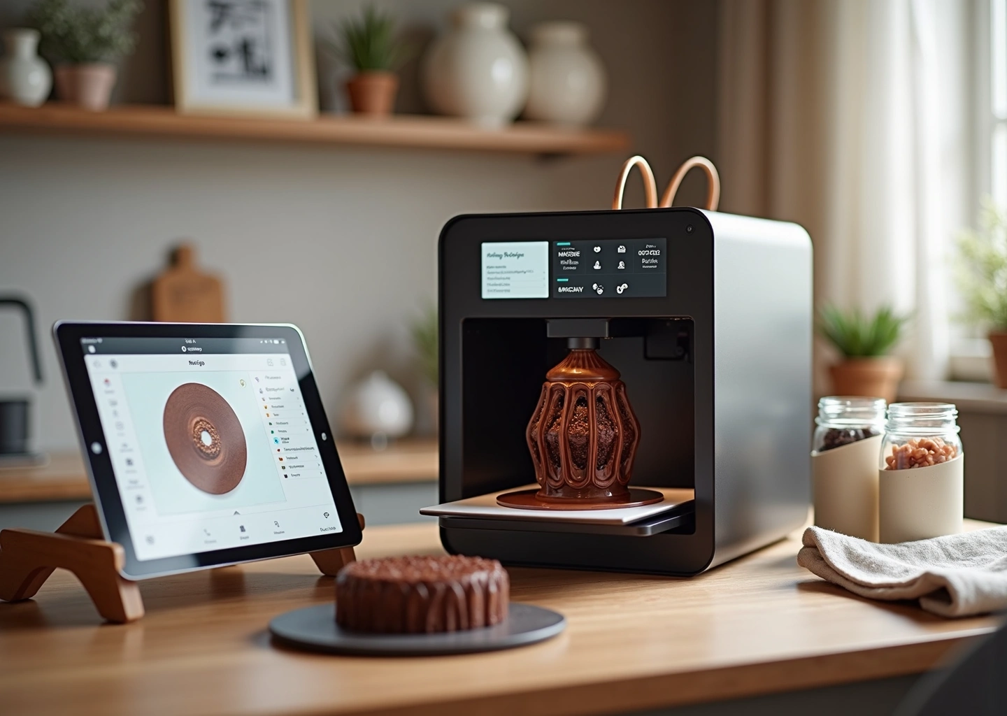 Домашняя кухня с 3D‑принтером печатающим съедобную шоколадную фигурку; планшет с рецептом и баночки с пищевыми пастами на столе