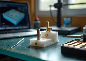 3D‑детали с вплавленными латунными гайками и неодимовыми магнитами на рабочем столе рядом с паяльником и набором вставок