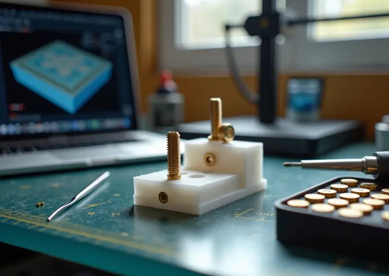 3D‑детали с вплавленными латунными гайками и неодимовыми магнитами на рабочем столе рядом с паяльником и набором вставок