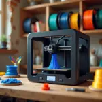 Домашняя мастерская с FDM 3D‑принтером, печатающим органайзер для кабелей; рядом катушки PLA и PETG, инструменты и образцы напечатанных деталей
