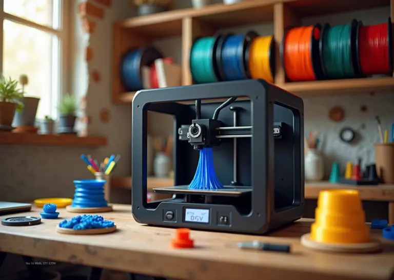 Домашняя мастерская с FDM 3D‑принтером, печатающим органайзер для кабелей; рядом катушки PLA и PETG, инструменты и образцы напечатанных деталей