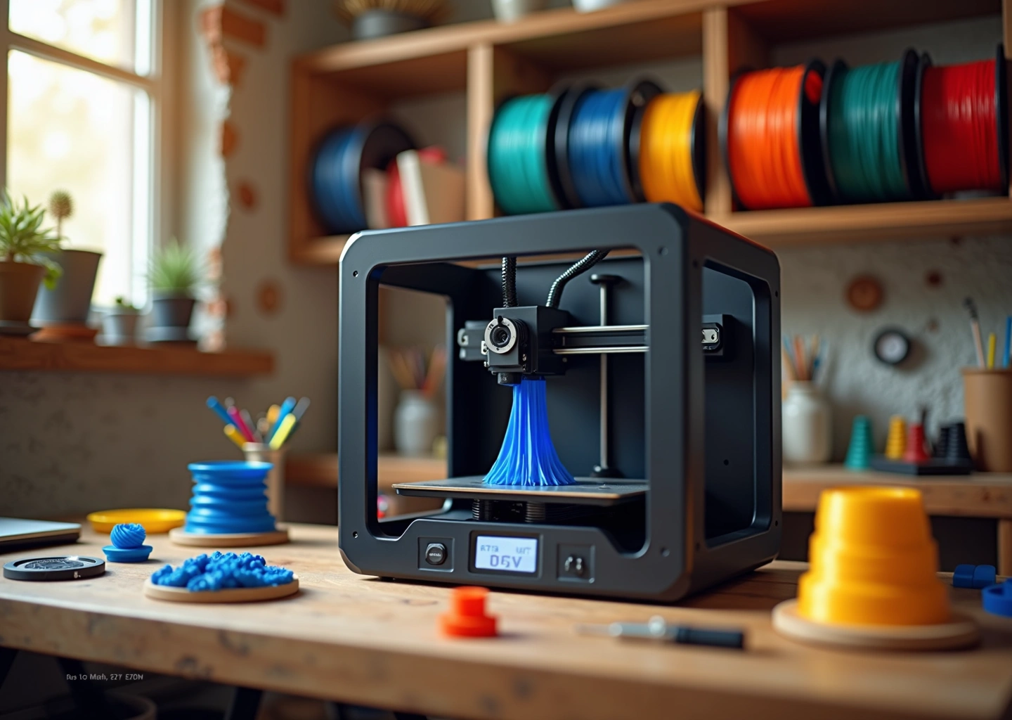 Домашняя мастерская с FDM 3D‑принтером, печатающим органайзер для кабелей; рядом катушки PLA и PETG, инструменты и образцы напечатанных деталей