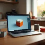 Ноутбук с интерфейсами Cura PrusaSlicer Simplify3D рядом с печатными предметами и домашним 3D‑принтером