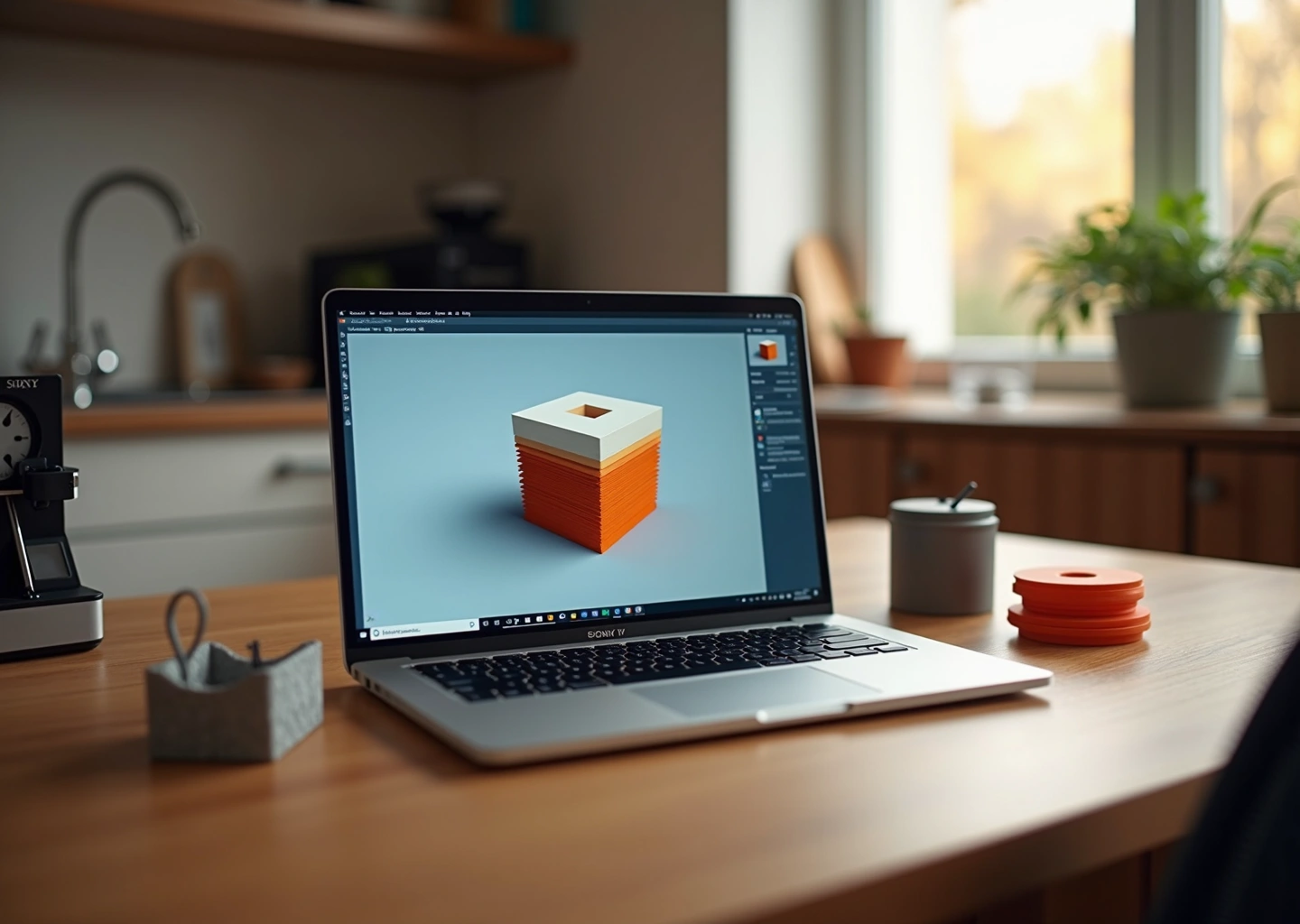 Ноутбук с интерфейсами Cura PrusaSlicer Simplify3D рядом с печатными предметами и домашним 3D‑принтером