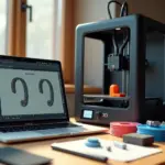 Рабочее место: экран с Fusion 360, работающий 3D‑принтер, катушки филамента и готовые домашние детали