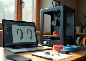 Рабочее место: экран с Fusion 360, работающий 3D‑принтер, катушки филамента и готовые домашние детали