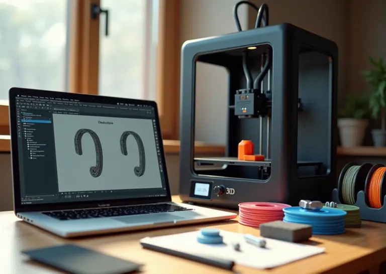 Рабочее место: экран с Fusion 360, работающий 3D‑принтер, катушки филамента и готовые домашние детали