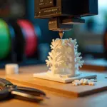 Крупный план FDM принтера печатает модель с поддержками, рядом инструменты и снятые опоры на столе