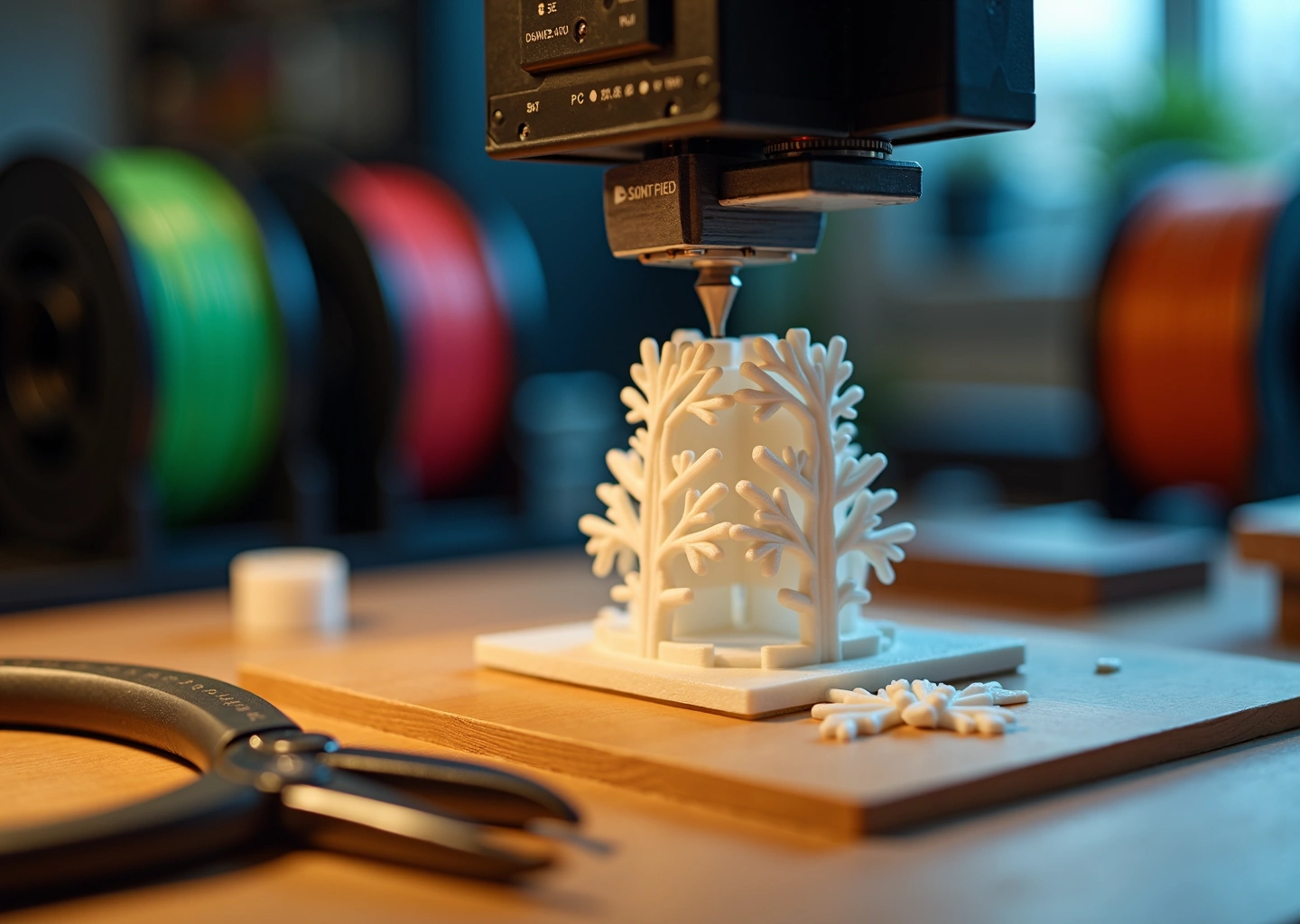 Крупный план FDM принтера печатает модель с поддержками, рядом инструменты и снятые опоры на столе