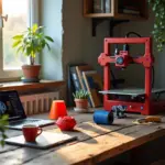 Крупный план домашней мастерской: рабочий стол с FDM 3D принтером, готовые напечатанные предметы для дома и ноутбук с сайтом 3D моделей