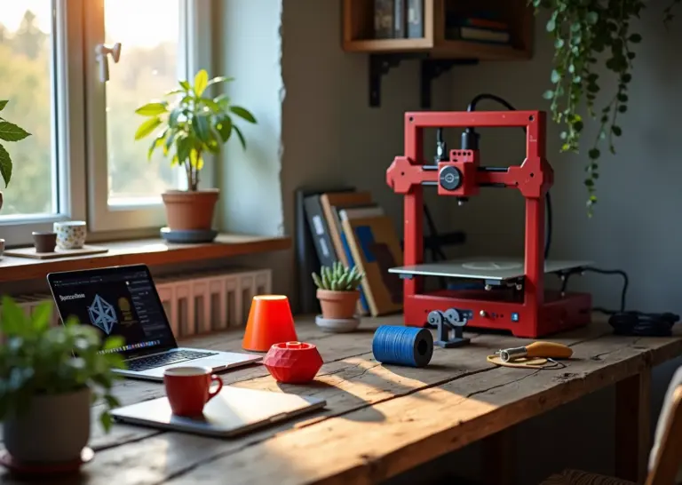Крупный план домашней мастерской: рабочий стол с FDM 3D принтером, готовые напечатанные предметы для дома и ноутбук с сайтом 3D моделей