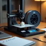 Домашний рабочий стол с работающим 3D‑принтером, катушкой PLA, инструментами и ноутбуком со слайсером на экране