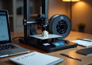 Домашний рабочий стол с работающим 3D‑принтером, катушкой PLA, инструментами и ноутбуком со слайсером на экране