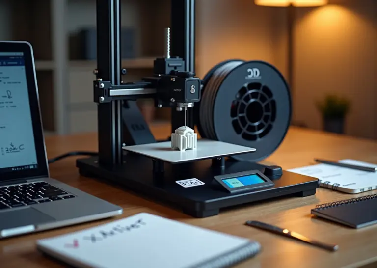 Домашний рабочий стол с работающим 3D‑принтером, катушкой PLA, инструментами и ноутбуком со слайсером на экране