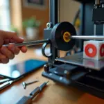 Руки подтягивают GT2 ремень на 3D‑принтере рядом со смартфоном с приложением спектрограммы и инструментами