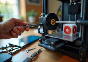 Руки подтягивают GT2 ремень на 3D‑принтере рядом со смартфоном с приложением спектрограммы и инструментами