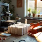 Рабочее место для домашней 3D‑печати: напечатанные по частям крупные детали на столе, видны штифты и шиповые соединения, клеи и струбцины, человек собирает части в хорошо освещённой мастерской