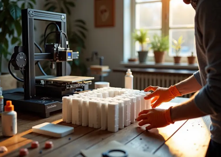 Рабочее место для домашней 3D‑печати: напечатанные по частям крупные детали на столе, видны штифты и шиповые соединения, клеи и струбцины, человек собирает части в хорошо освещённой мастерской