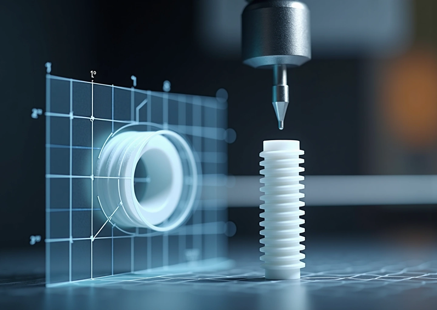 Крупный план 3D‑печатного болта и гайки с видимой резьбой рядом с CAD‑скриншотом; на заднем плане домашний 3D‑принтер и инструменты для установки вставок