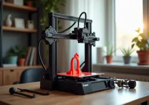 Настольный 3D‑принтер печатает модель с видимым смещением слоёв; в кадре ремень и шаговый мотор крупным планом, рядом инструменты.