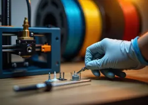 Рабочий стол с 3D‑принтером крупным планом на хотэнд и сопло, инструменты для прочистки и катушки филамента на фоне