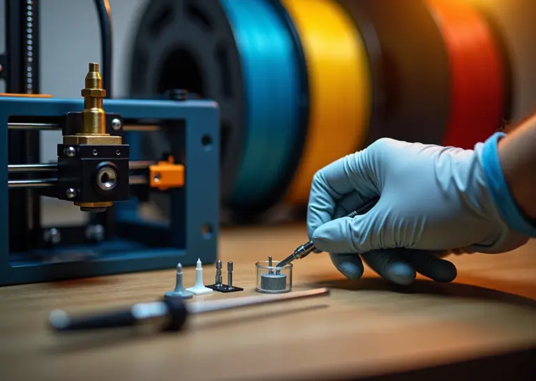 Рабочий стол с 3D‑принтером крупным планом на хотэнд и сопло, инструменты для прочистки и катушки филамента на фоне