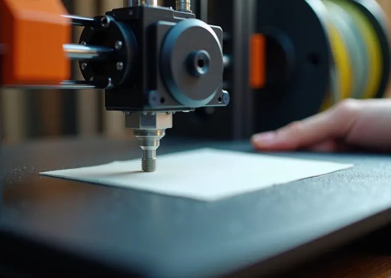 Крупный план 3D‑принтера: сопло над столом, лист бумаги под соплом, виден датчик BLTouch и катушка филамента на фоне