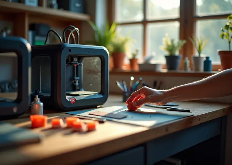 Домашняя мастерская моделиста с FDM и SLA принтерами, напечатанными деталями, инструментами для доработки и рукой, держащей мелкую 3D‑деталь