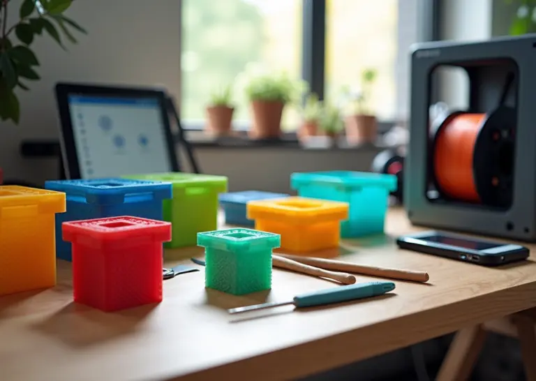 Модульные 3D‑печатные ящики и контейнеры на столе рядом с FDM‑принтером и катушками филамента