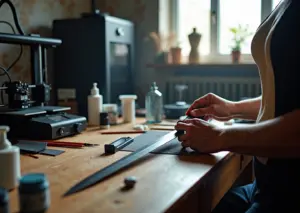 Рабочее место косплеера с FDM и SLA принтерами, напечатанными элементами брони и инструментами для постобработки