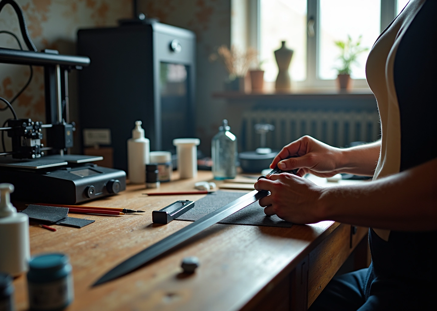 Рабочее место косплеера с FDM и SLA принтерами, напечатанными элементами брони и инструментами для постобработки