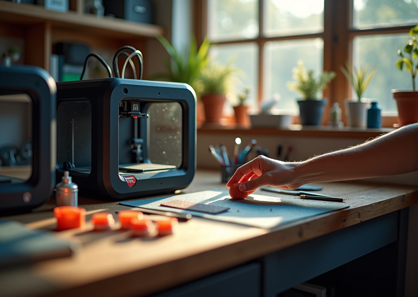 Домашняя мастерская моделиста с FDM и SLA принтерами, напечатанными деталями, инструментами для доработки и рукой, держащей мелкую 3D‑деталь